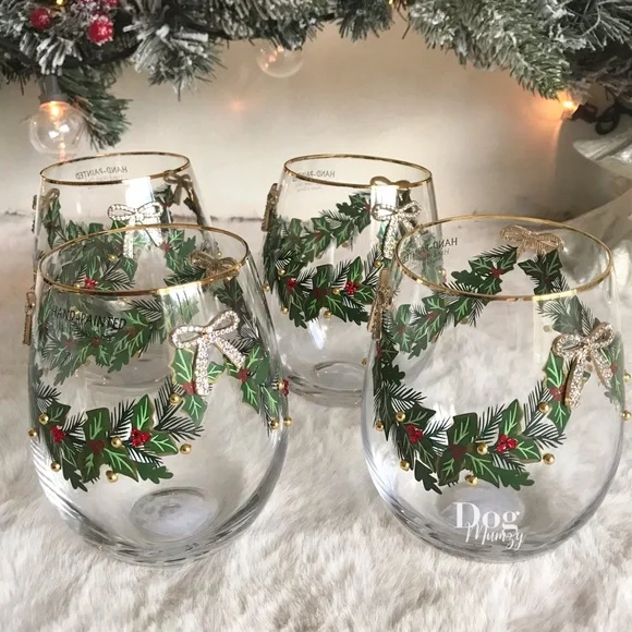 2 Gold Rimmed Holly Berry Ribbon Bow Christmas Stemless Wine Glass